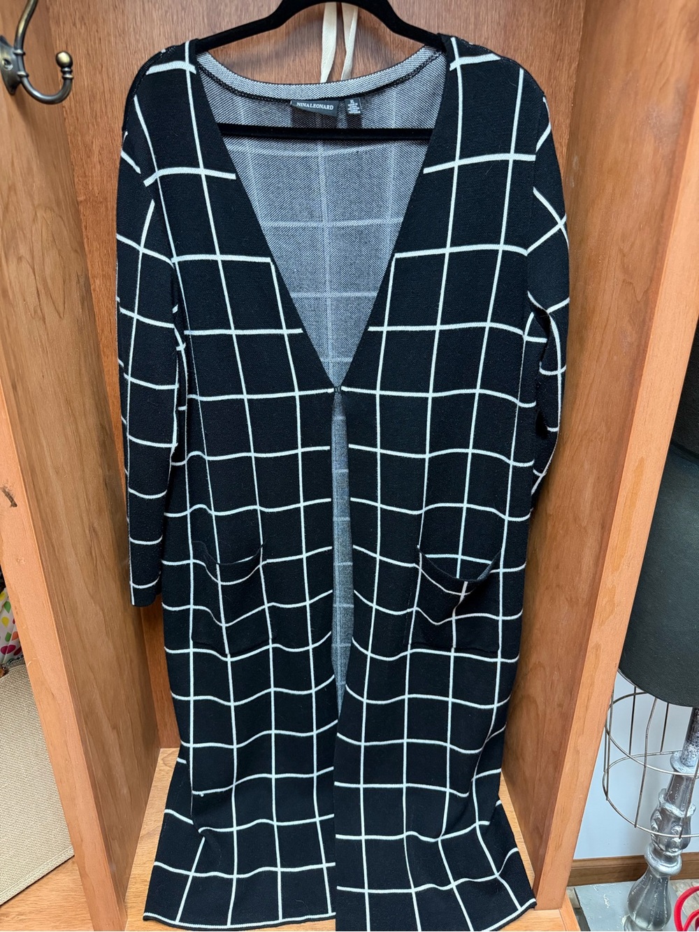 Nina Leonard Black and White Windowpane Longline Open Cardigan Sweater